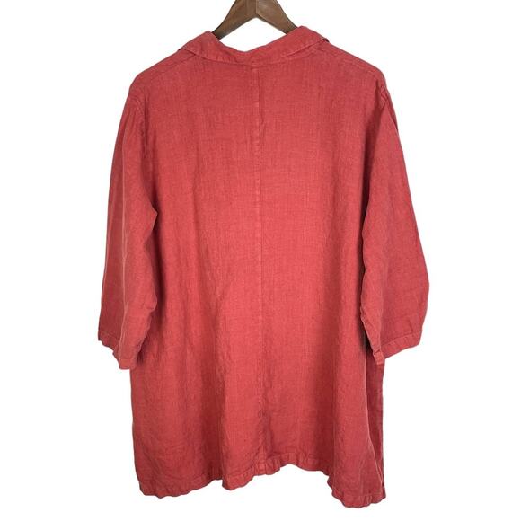 Mosaic USA | 100% Linen Terra Cotta Red Oversized 3/4 Sleeve Collared Tunic - Picture 2 of 7
